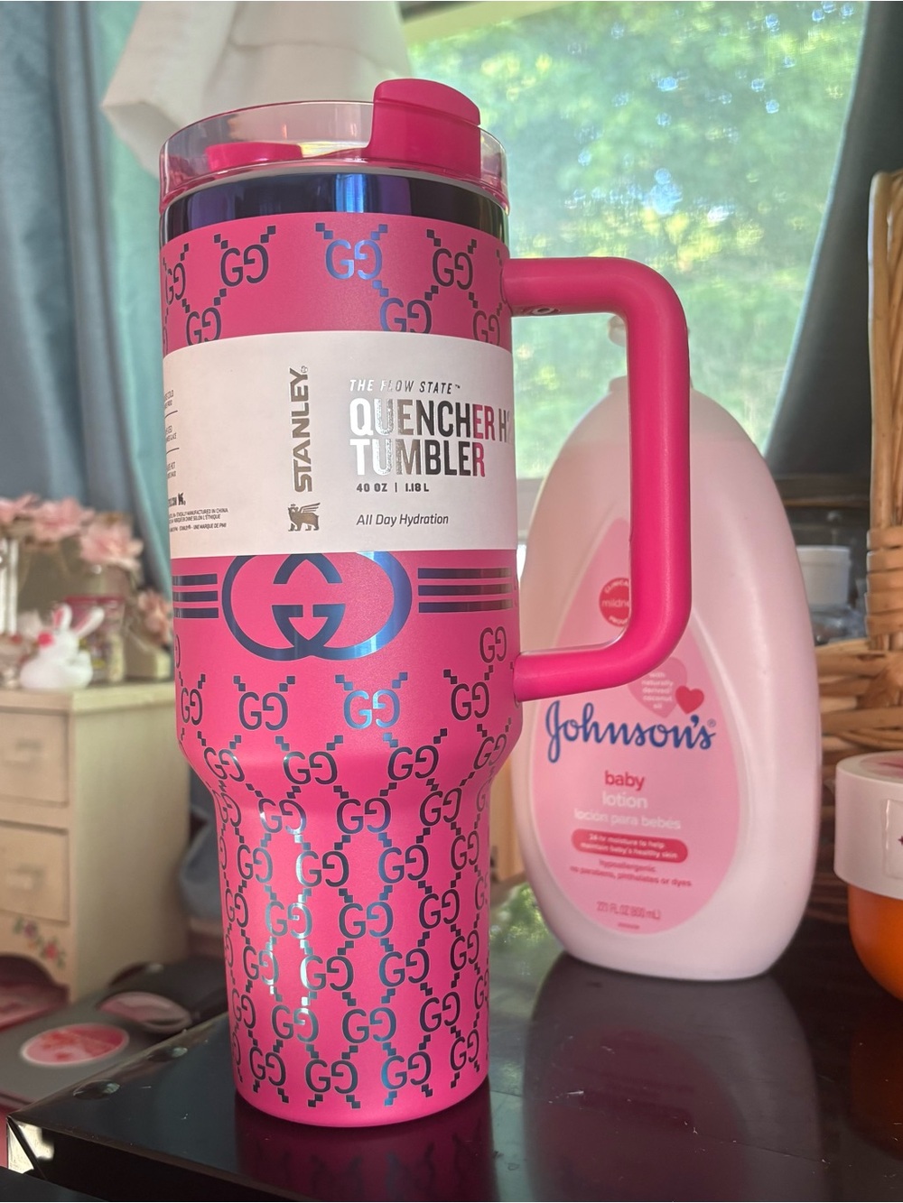 Stanley Pink Tumbler with Blue GG Pattern